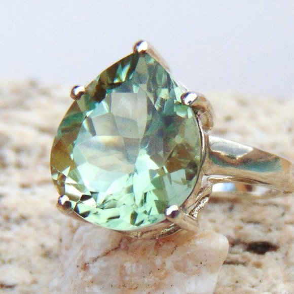 Prasiolite .925 Ring Fat Pear Genuine Gemstone Sterling Silver Size 5 Quartz - Picture 1 of 16